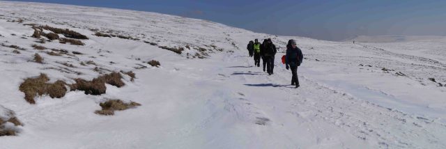 Group 4 crossing just below the summit of Fan Gyhirych